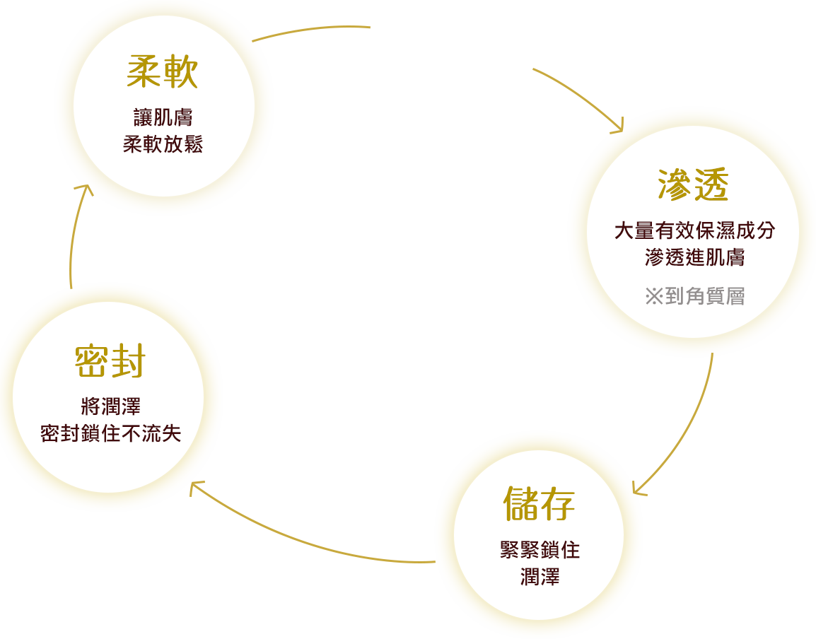 浸透 保湿成分がぐんぐん肌に浸透 貯蓄 うるおいを貯蓄する 密封 うるおいを密封して逃がさない 柔軟 肌を柔らかくほぐす